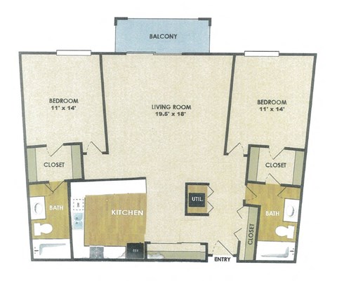 Floor plan for 2 beds, 2 baths, 1200 sqft